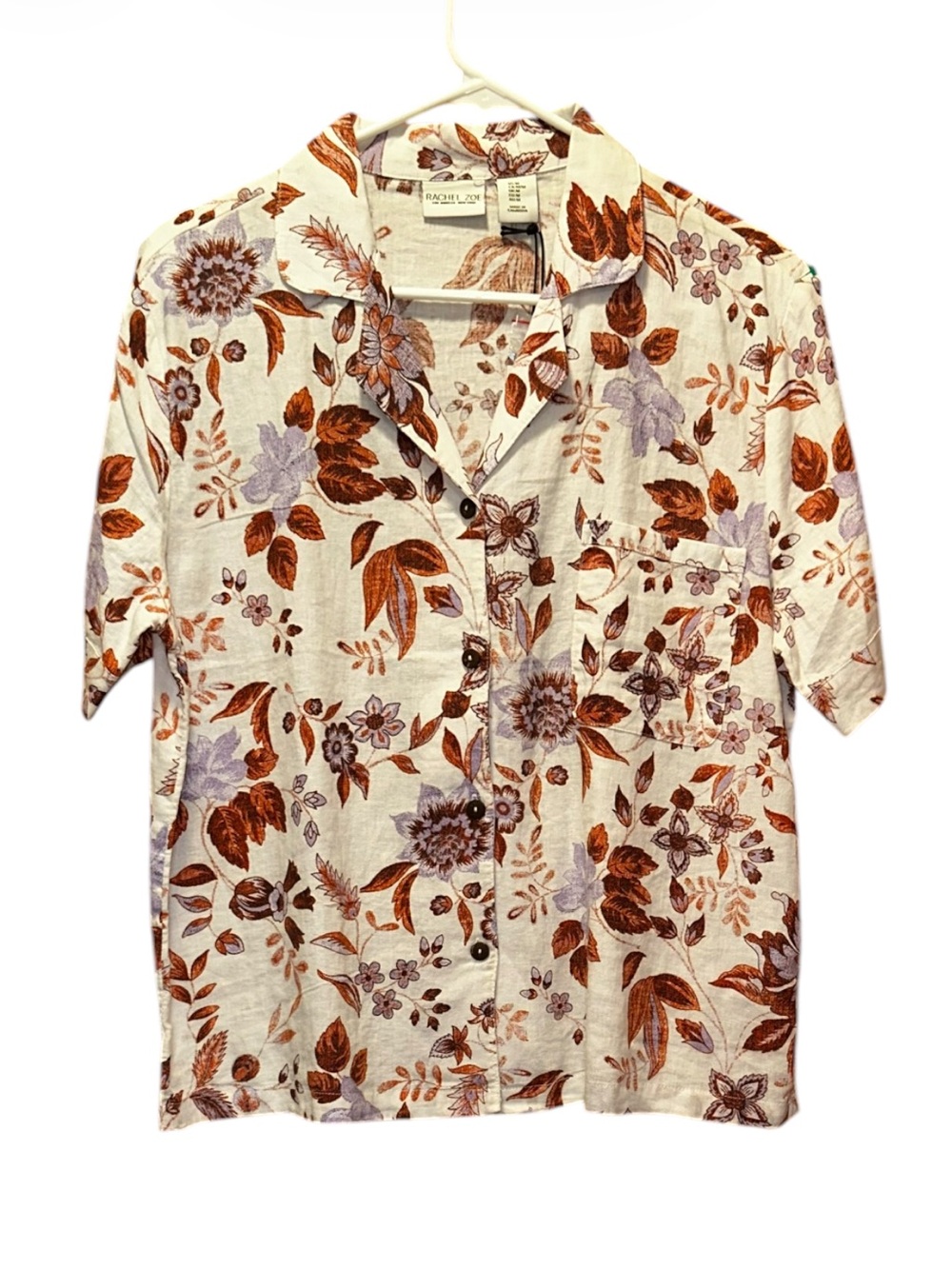 Rachel Zoe Linen Blend Cream Shirt with Rust and Lavender Floral Print